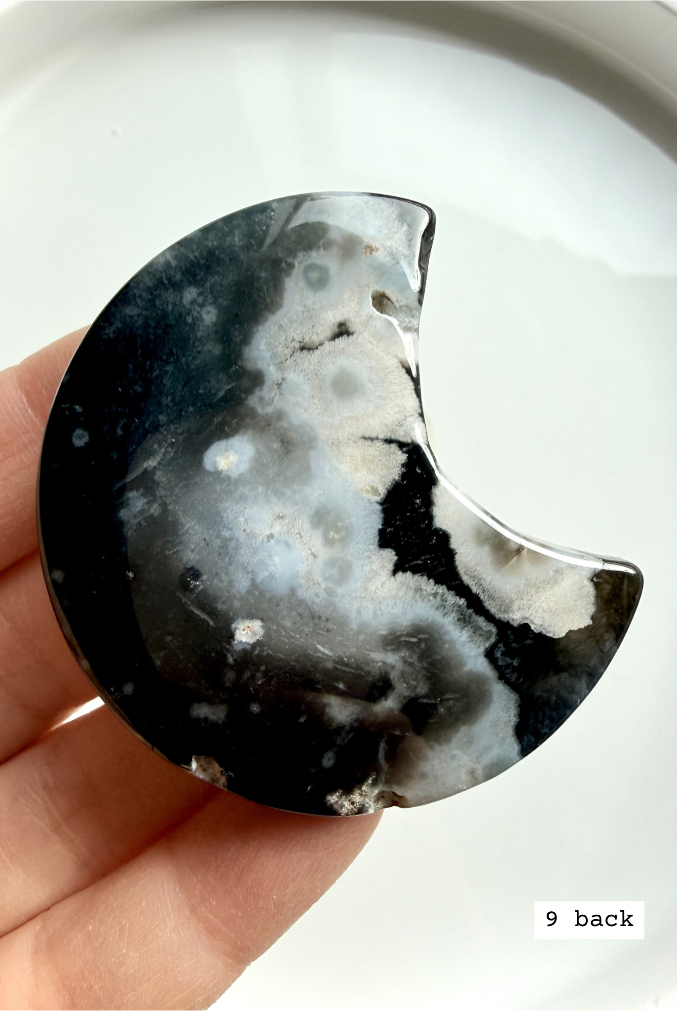 black flower agate moon carving #9 back showing soft blended tones and natural stone variation