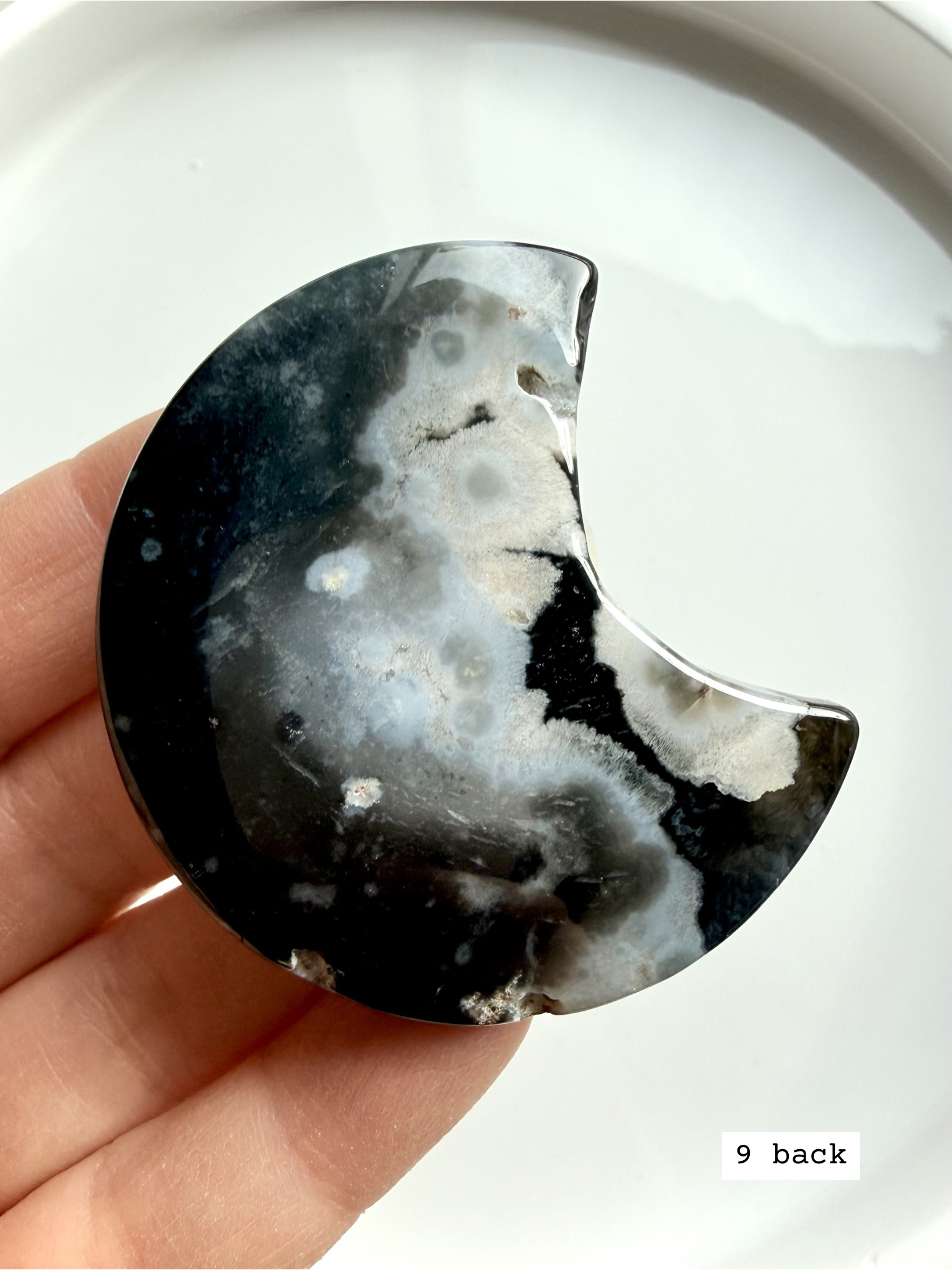 black flower agate moon carving #9 back showing soft blended tones and natural stone variation