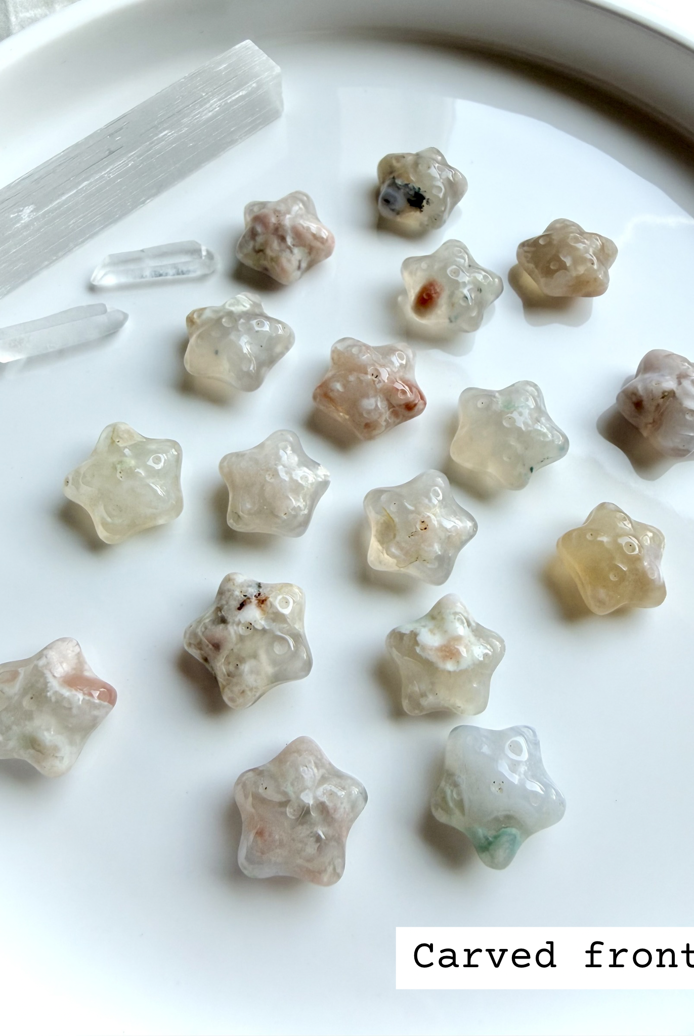 Flower Agate starfish carvings showing carved front detail with floral plume inclusions and polished finish