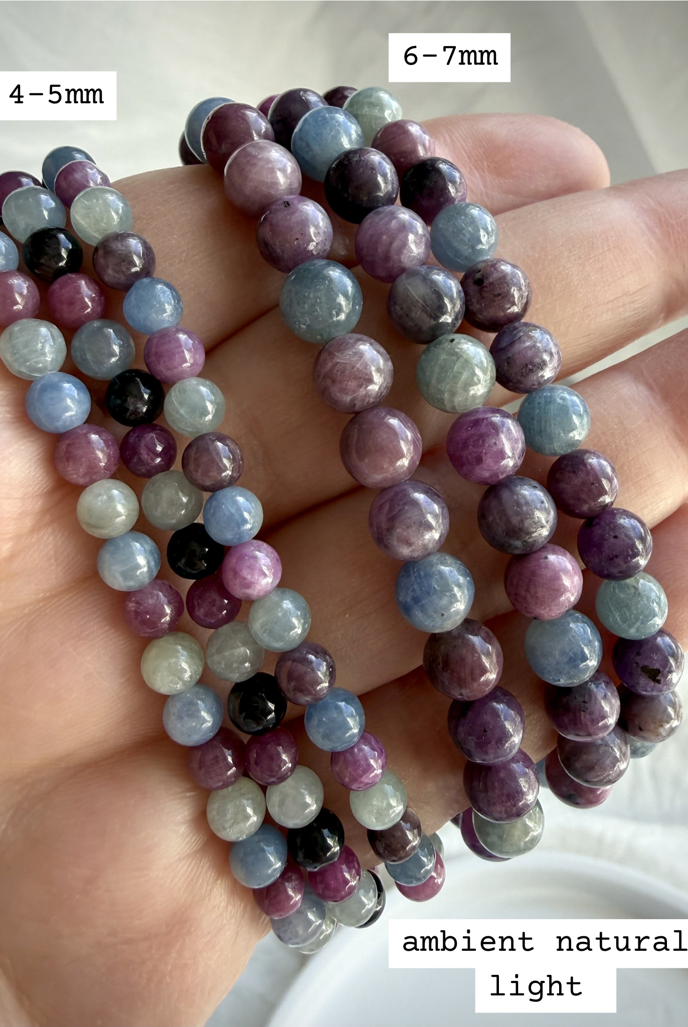 Ruby Sapphire bracelet bead size comparison in natural light showing available bead sizes and natural gemstone color variation