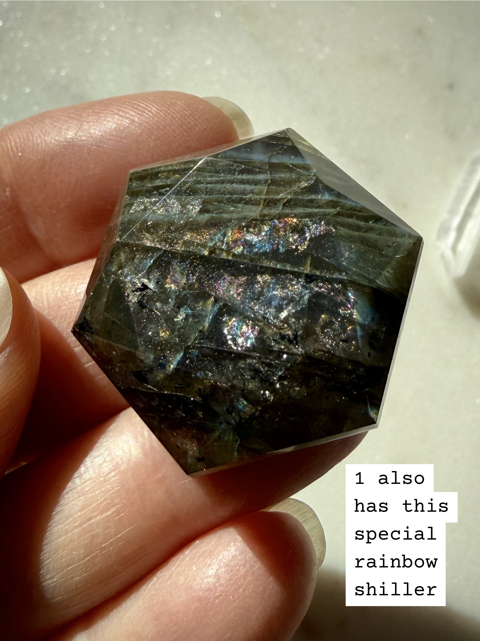 Labradorite hexagon with rare rainbow schiller