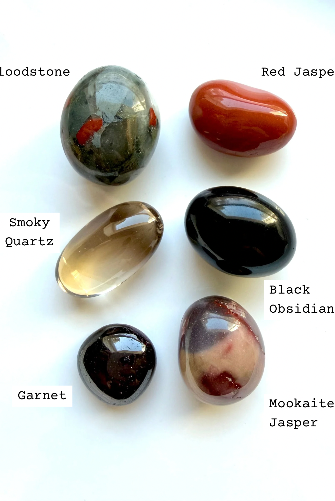 Bloodstone, Black Obsidian, Red Jasper, Smoky Quartz, Garnet, and Mookaite Jasper for Root Chakra meditation
