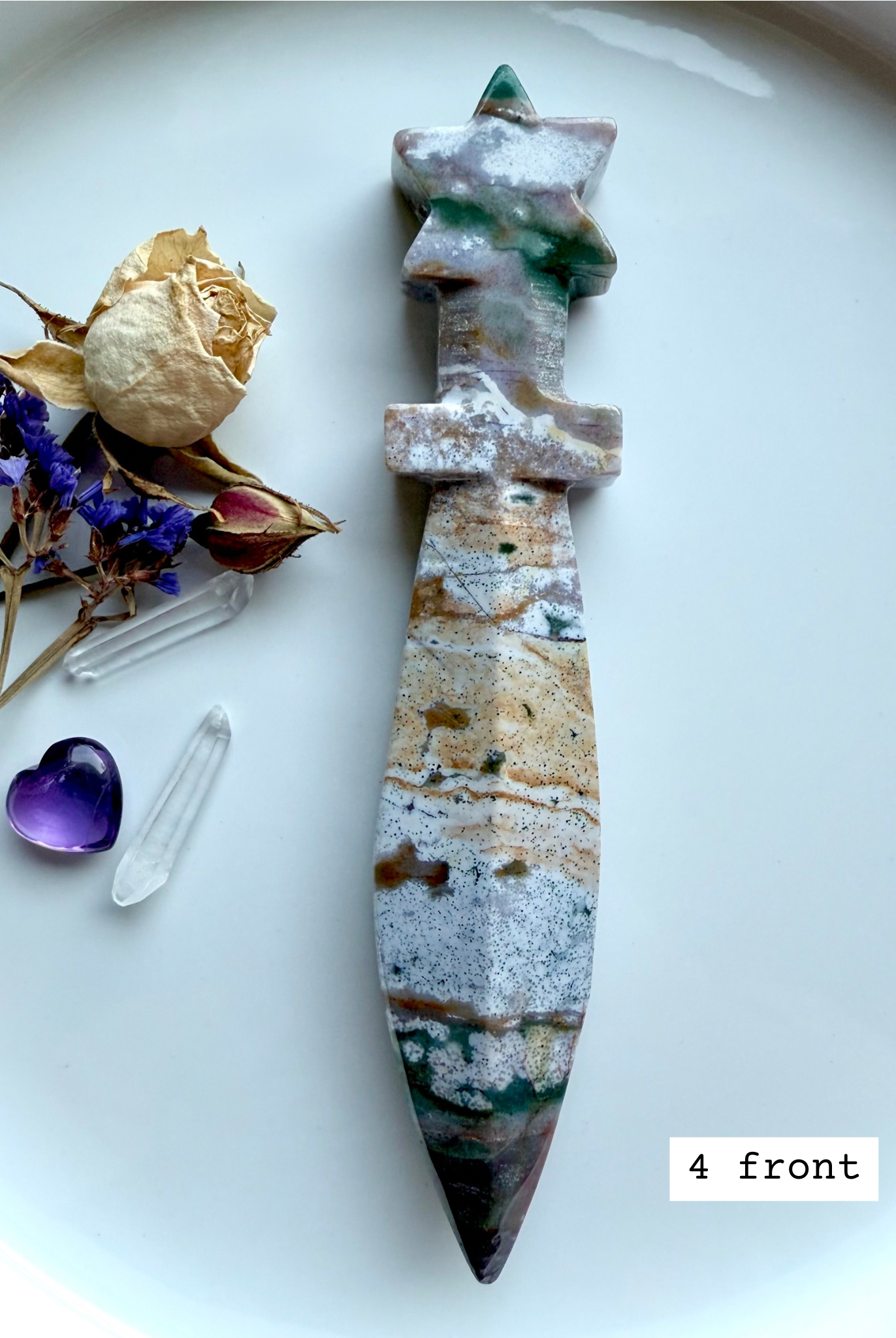 Ocean Jasper star knife # 4 back – Ocean Jasper knife carving, polished with earthy golden honey tones and natural inclusions