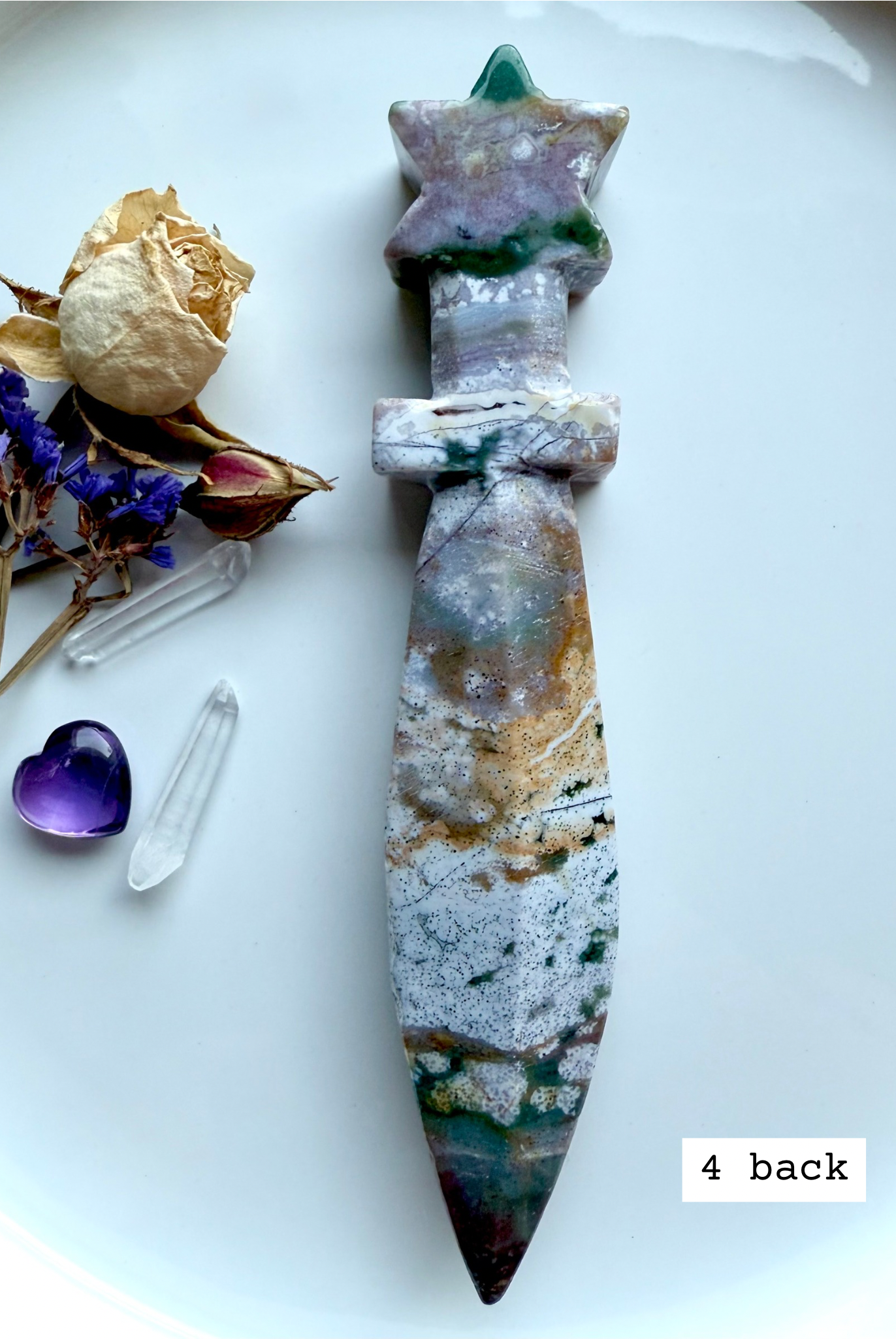 Ocean Jasper star knife # 4 front – crystal athame carving with star handle, displaying golden brown and cream jasper bands