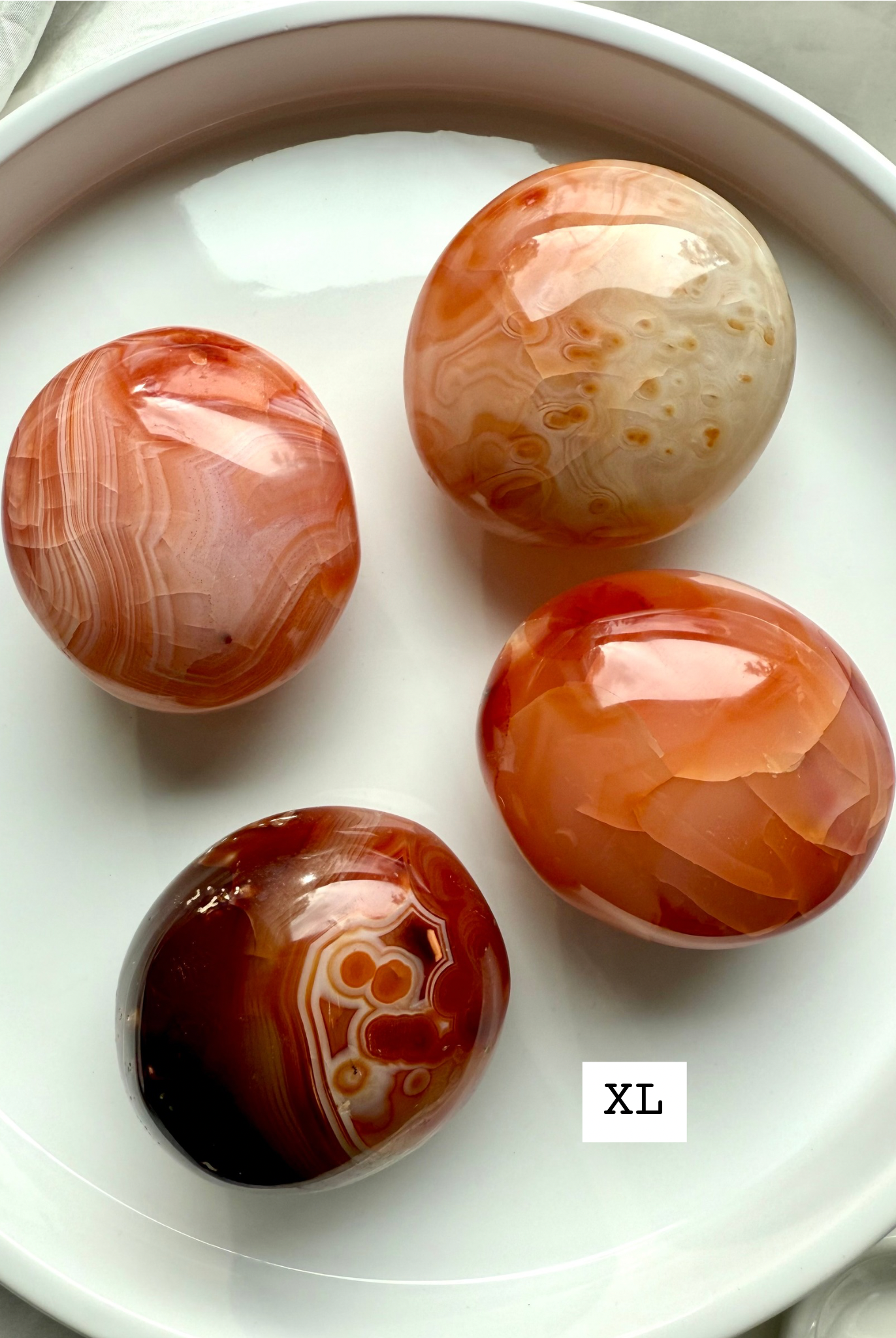 XL Carnelian palmstones with warm agate patterns — calming crystals for emotional healing + spiritual energy work