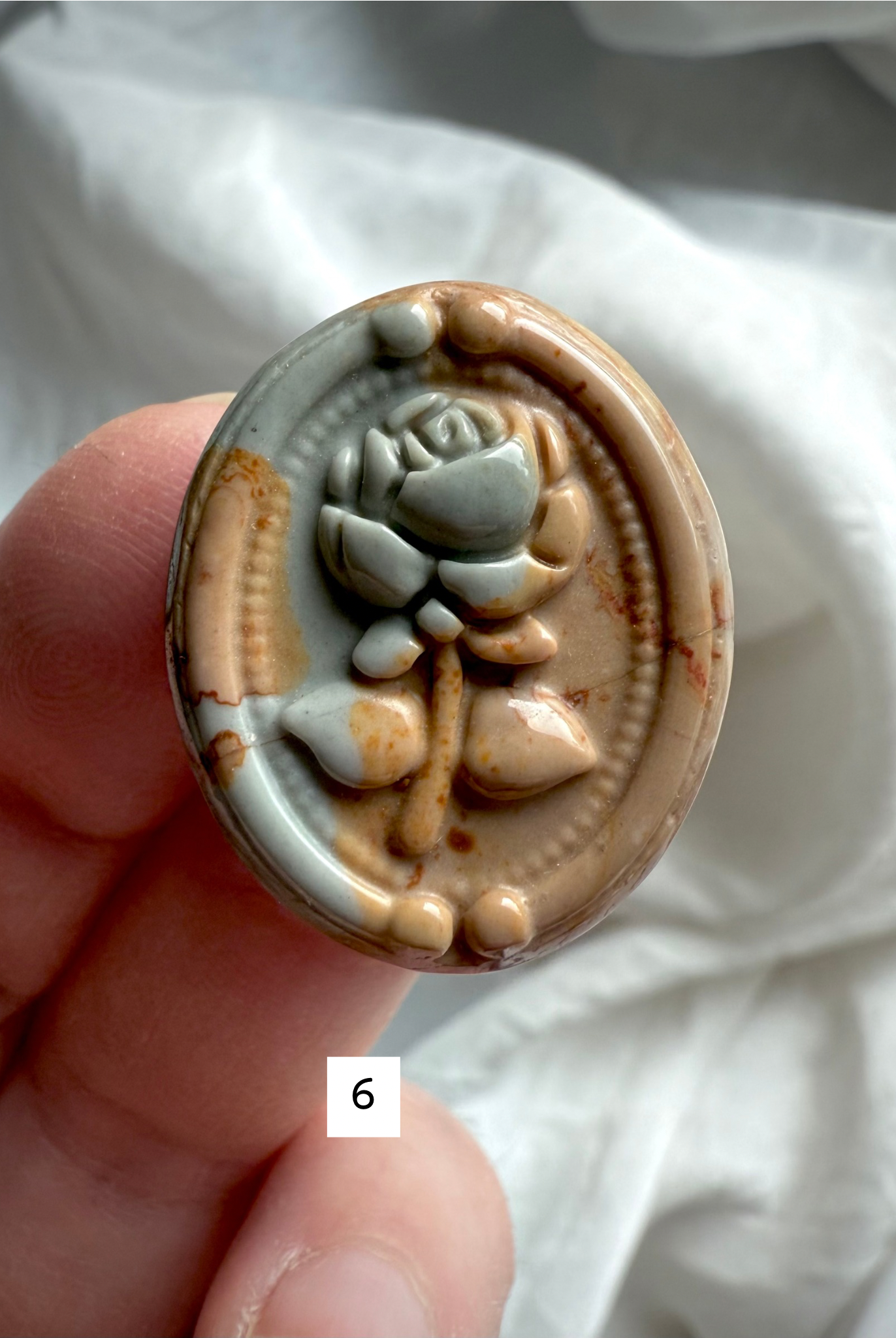 Polychrome Jasper Rose carving #6 with muted moss green, warm brown, and cream accents