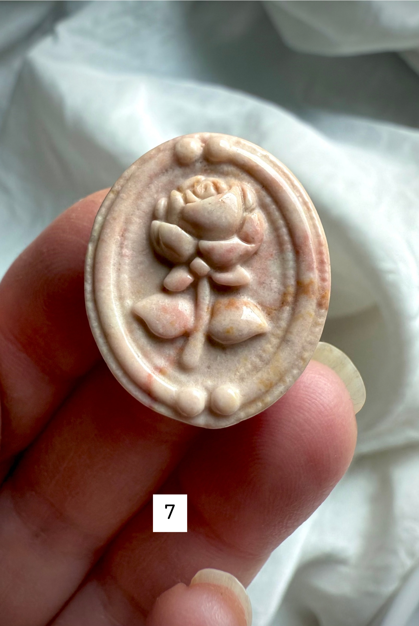 Polychrome Jasper Rose cabochon #7 featuring soft ivory, blush, and pale peach coloration