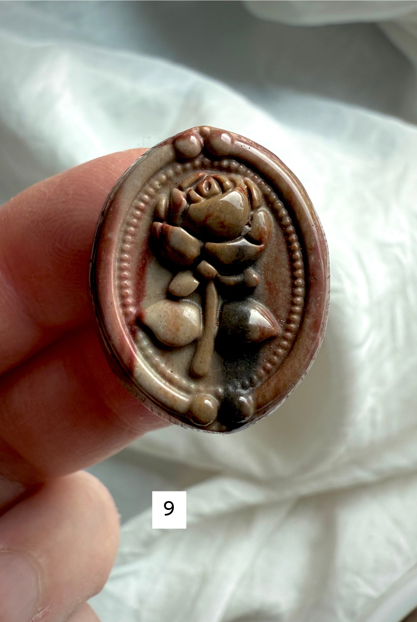 Polychrome Jasper Rose cabochon #9 with deep earthy brown, taupe, and cream stone detail