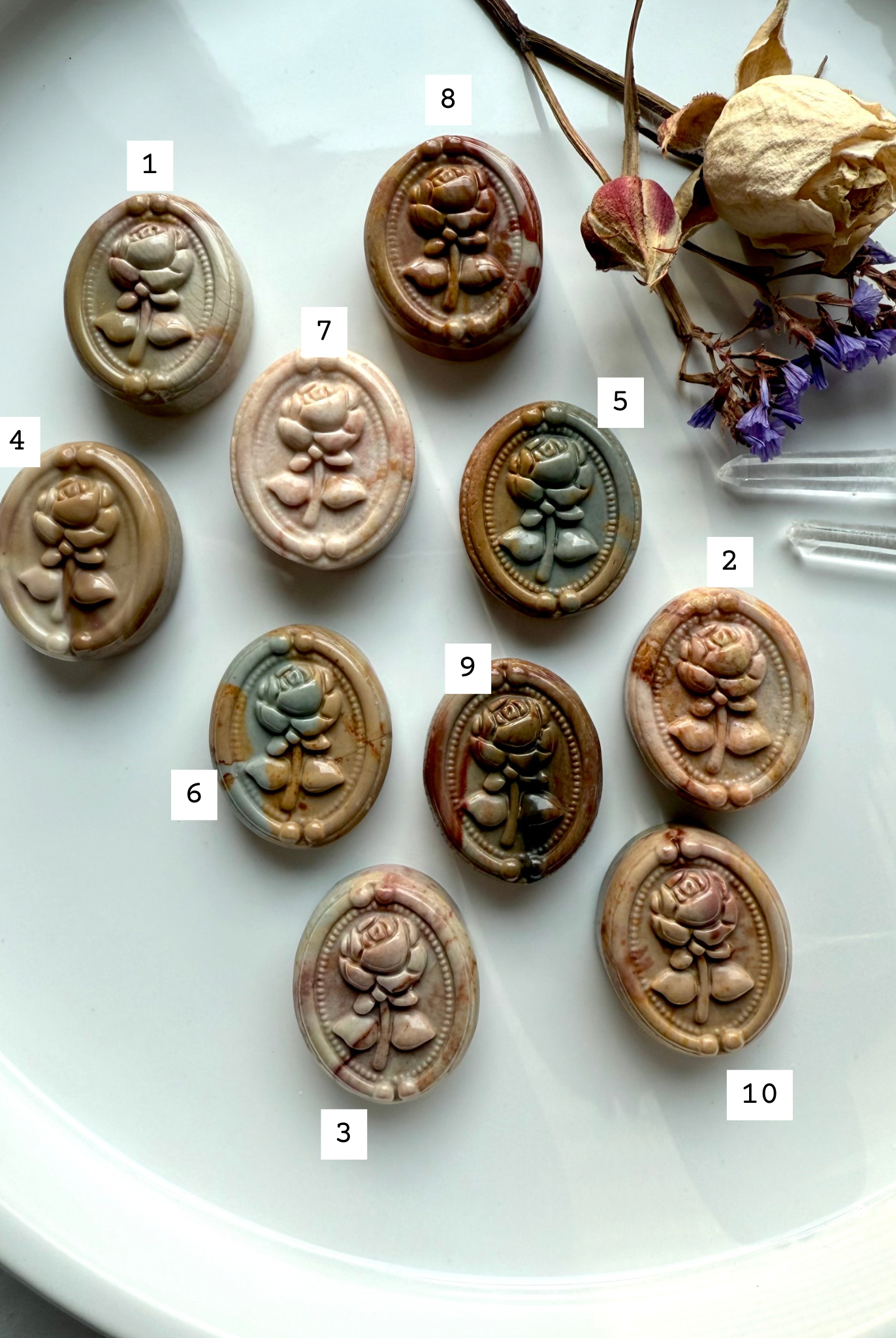 Group photo of ten Polychrome Jasper Rose cabochons labeled 1–10 for choose-your-own crystal selection
