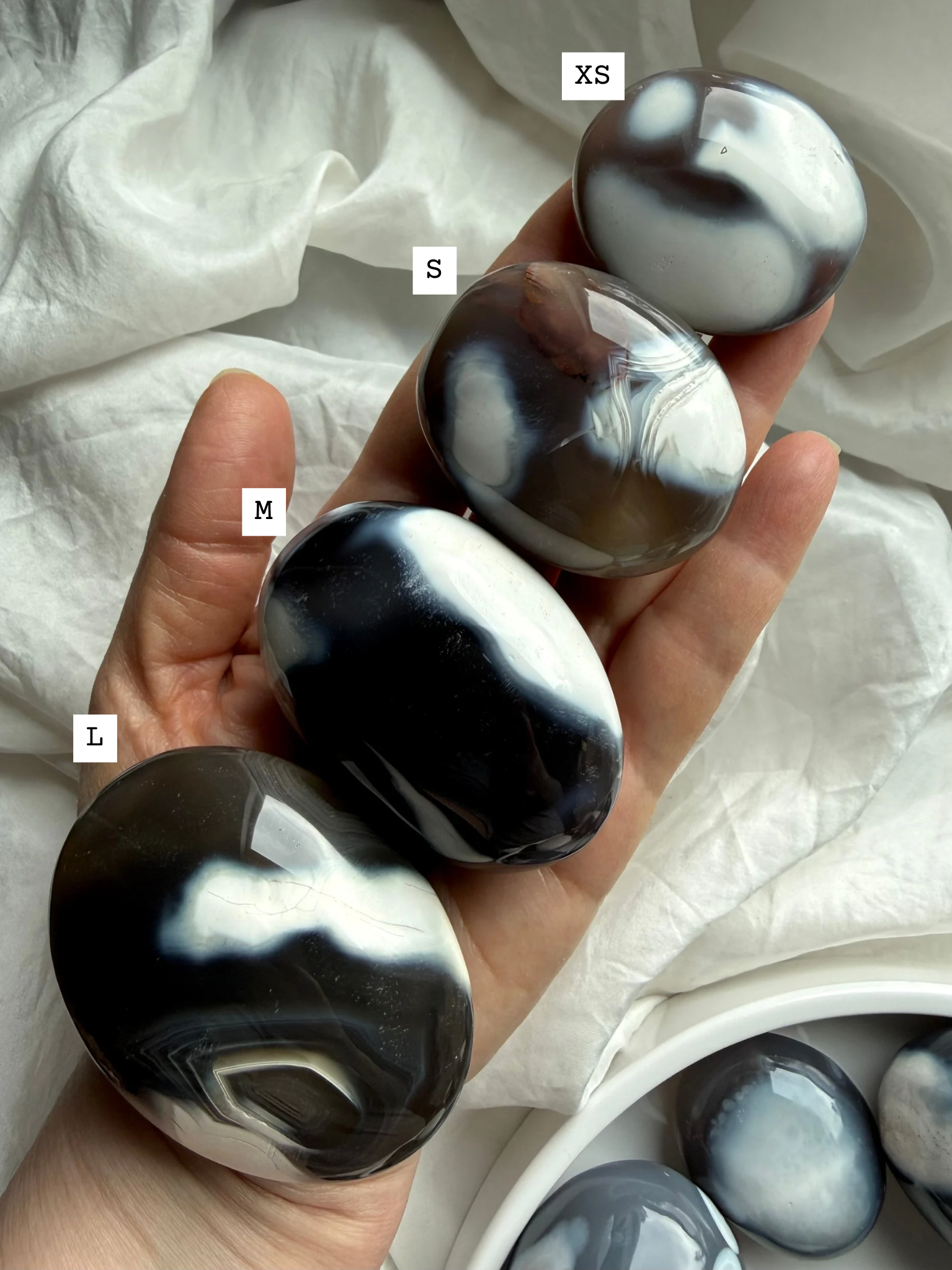 Orca Agate palm stones shown in multiple sizes from extra small to large, polished stones for calm and emotional support