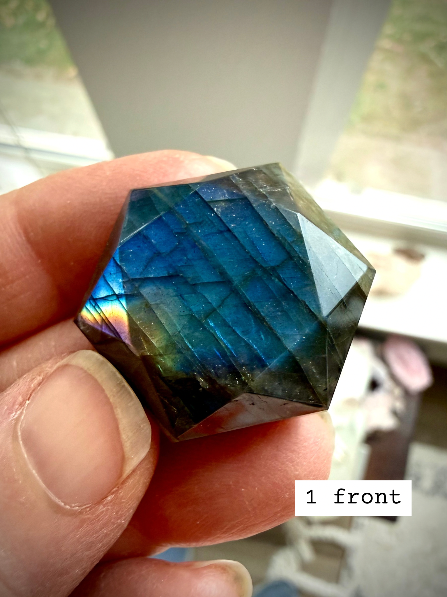 Faceted Labradorite hexagon crystal – Star of David sacred geometry for Third Eye Chakra, blue/green/gold flash, front view