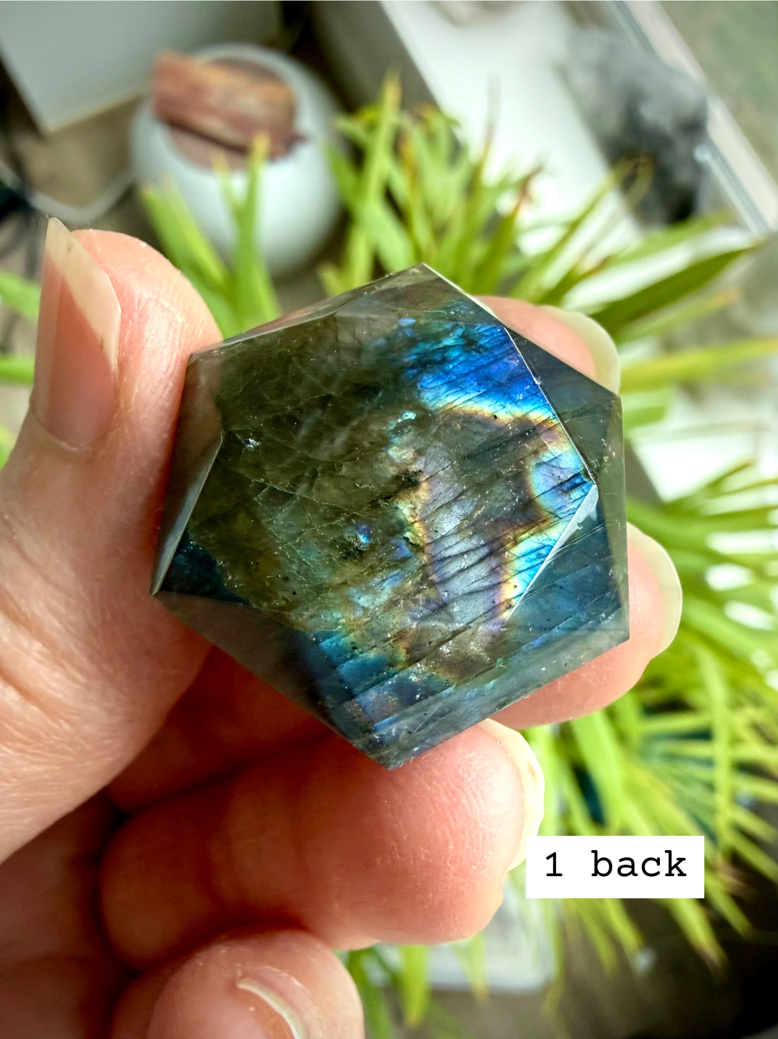 Faceted Labradorite hexagon crystal – sacred geometry hexagon for intuition, luminous green and blue flash, back view
