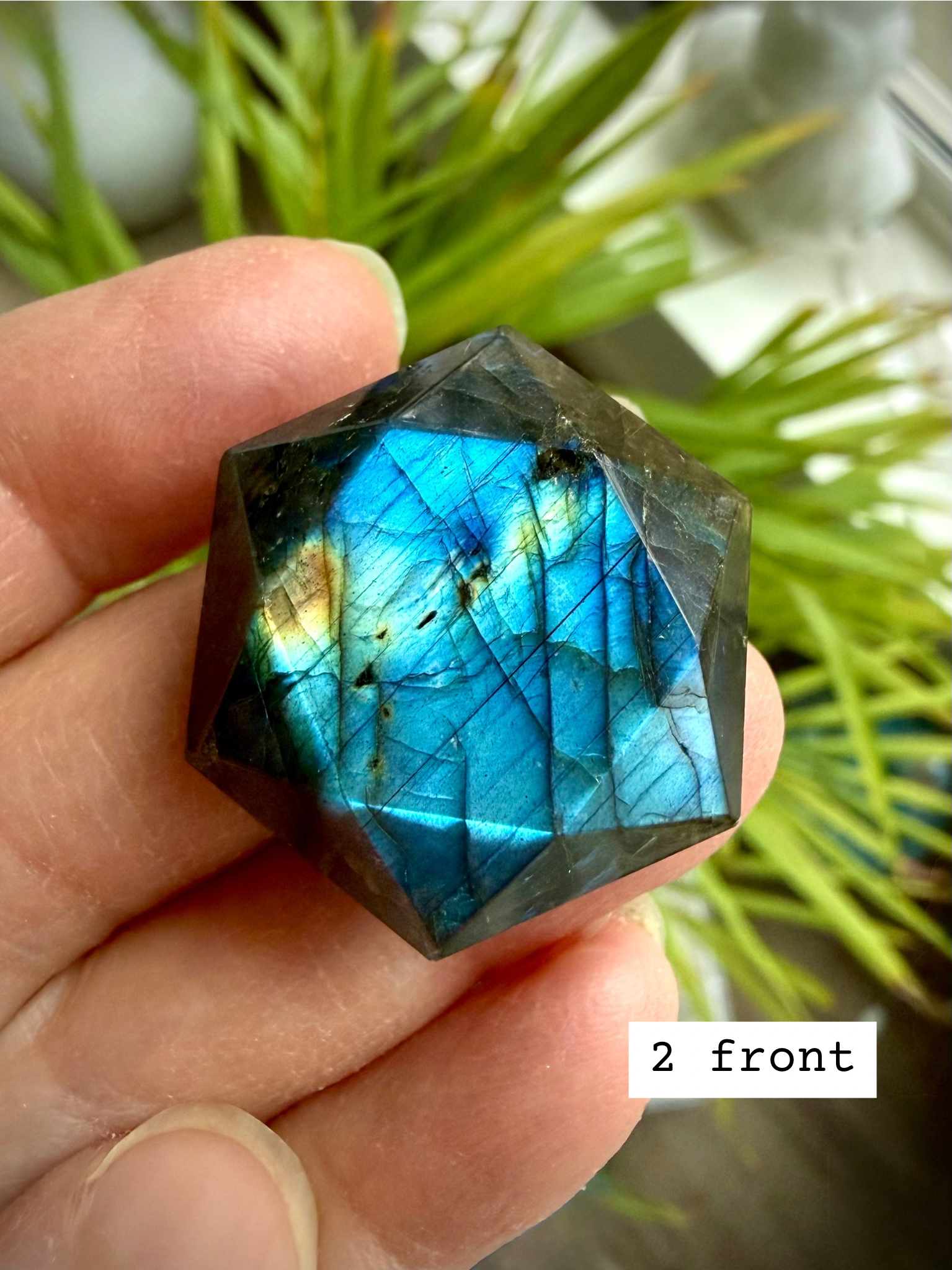Faceted Labradorite hexagon crystal – Star of David sacred geometry for Third Eye Chakra, blue/green/gold flash, front view