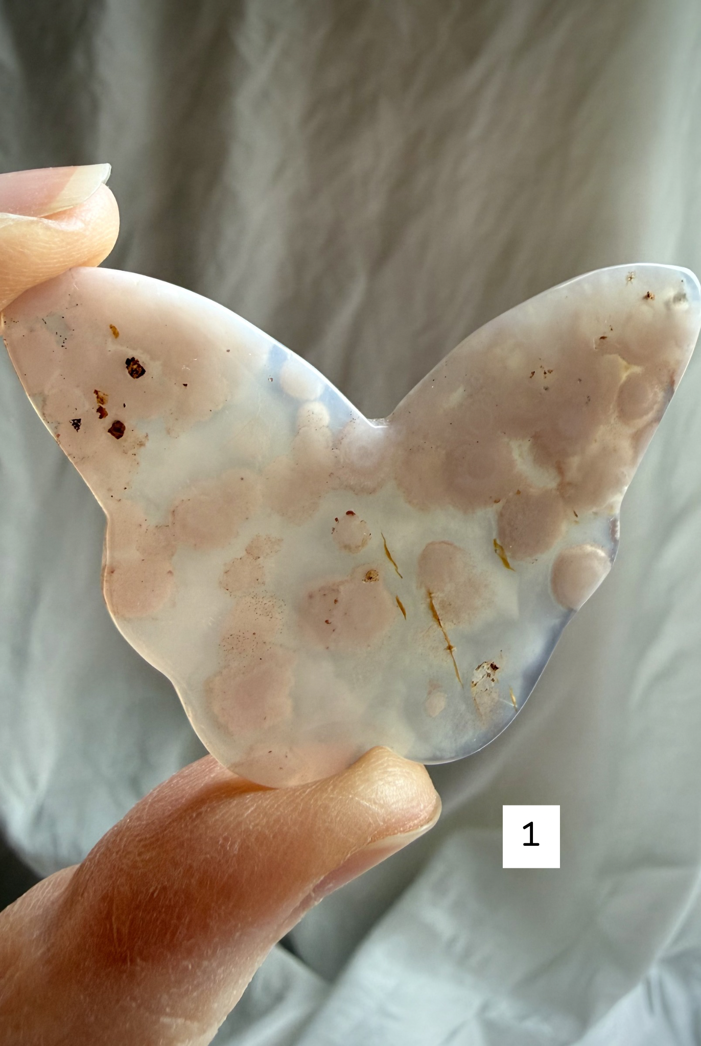 Flower Agate butterfly crystal carving #1 – soft pink blossom agate butterfly stone