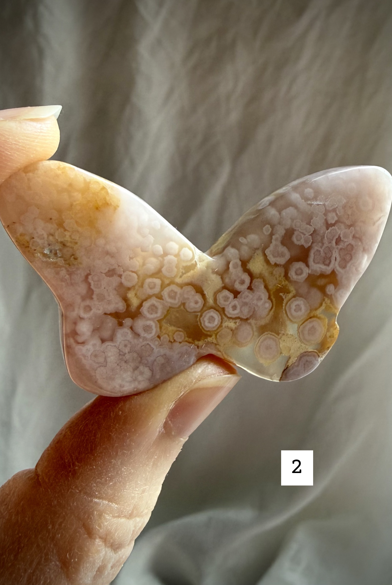 Flower Agate butterfly crystal carving #2 – polished pink agate butterfly with floral plume patterns
