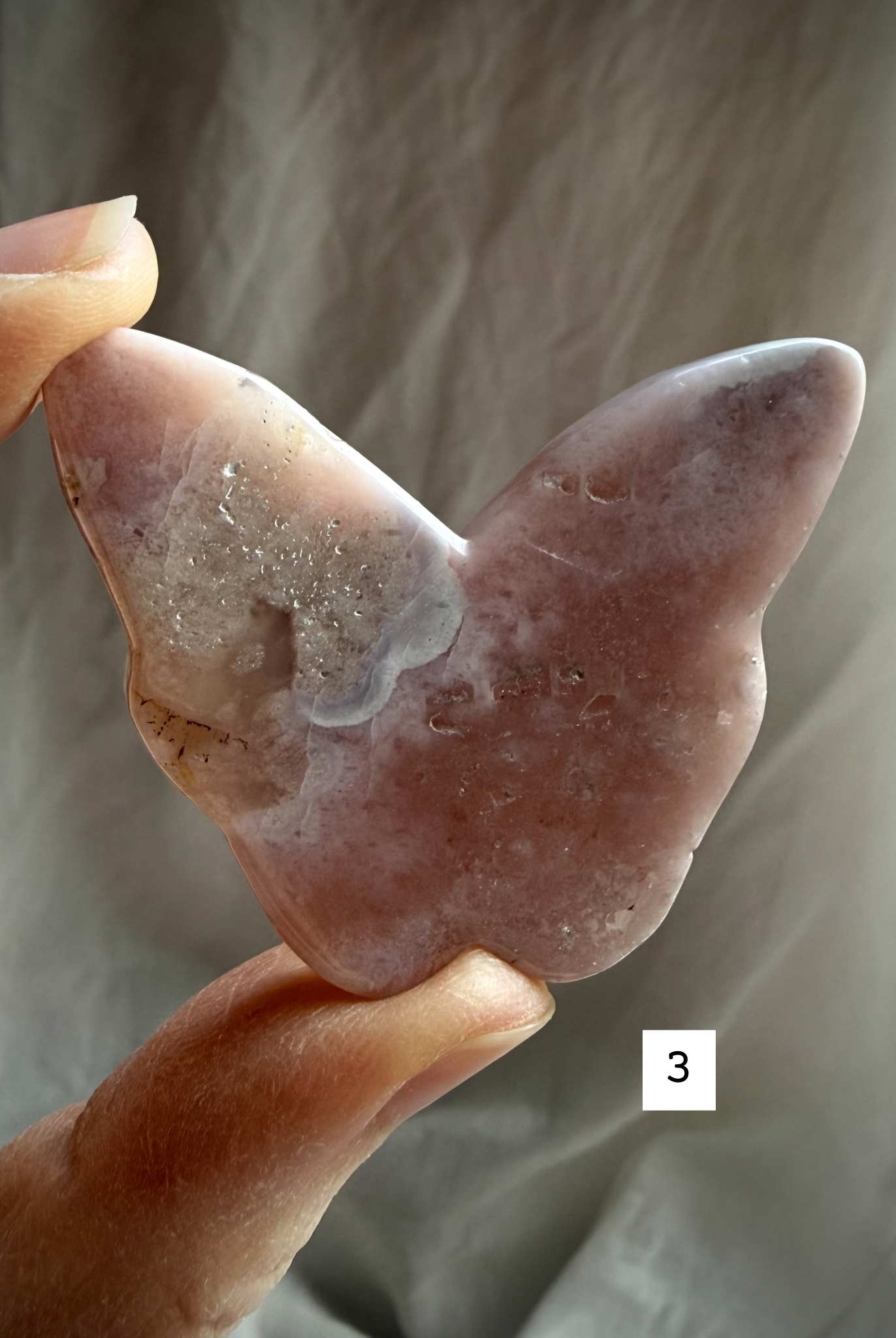 Flower Agate butterfly crystal carving #3 – blush pink agate butterfly with natural crystal banding