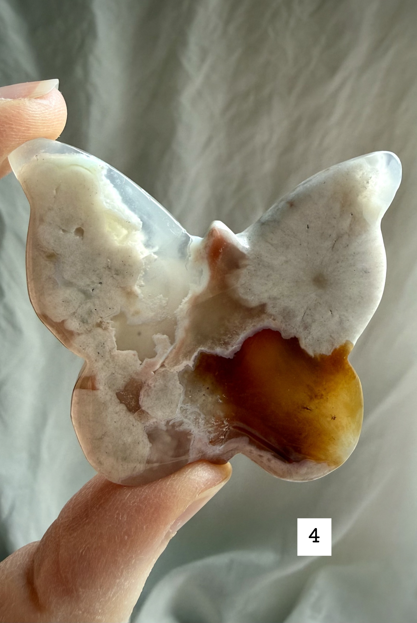 Flower Agate butterfly crystal carving #4 – unique agate butterfly with carnelian and blossom inclusions