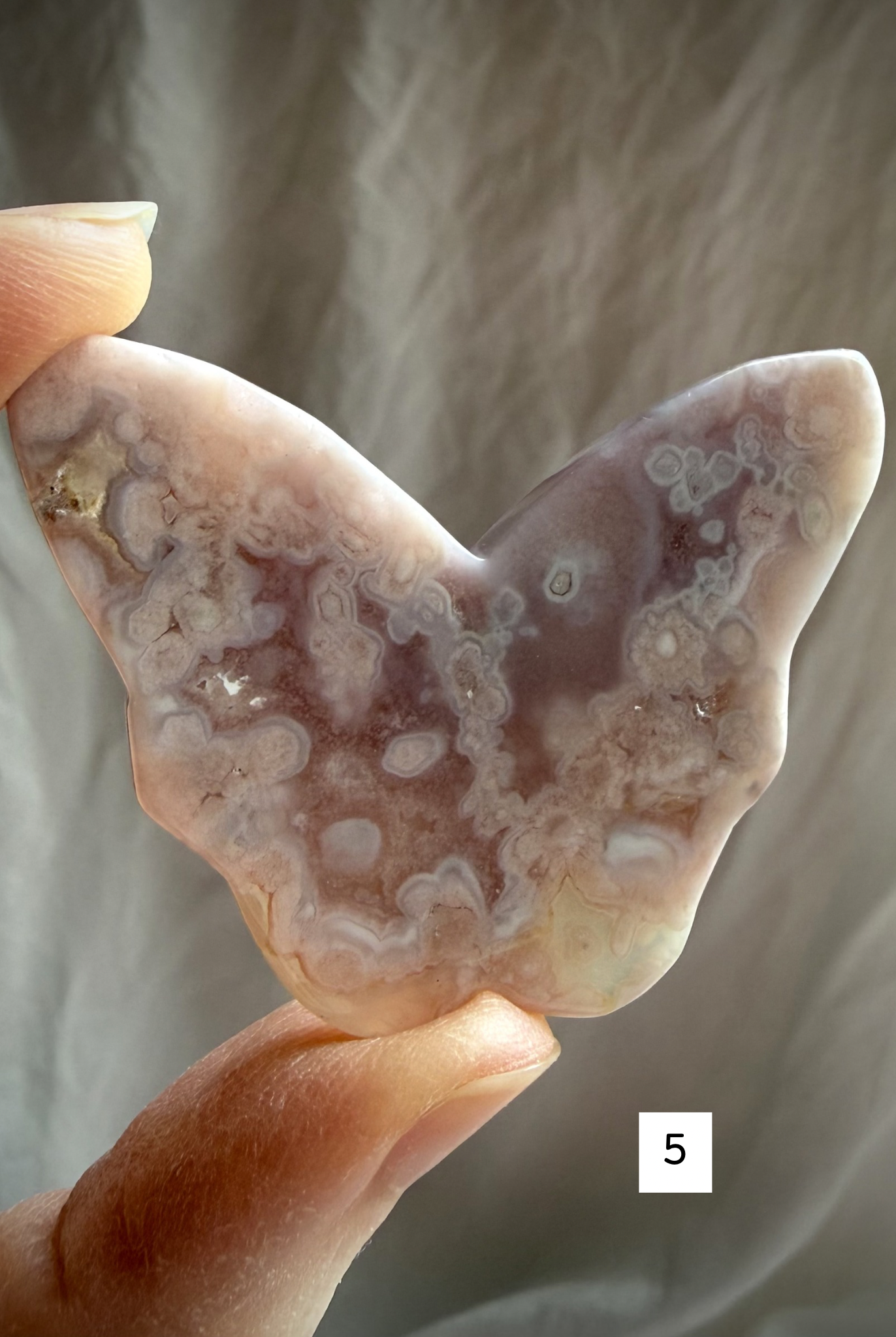 Flower Agate butterfly crystal carving #5 – translucent pink blossom agate butterfly stone