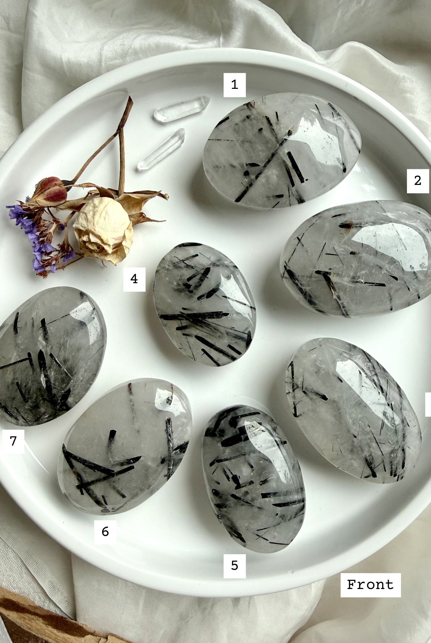 Black Tourmaline in Quartz palm stones labeled choose your own Tourmalinated Quartz protection crystals front view