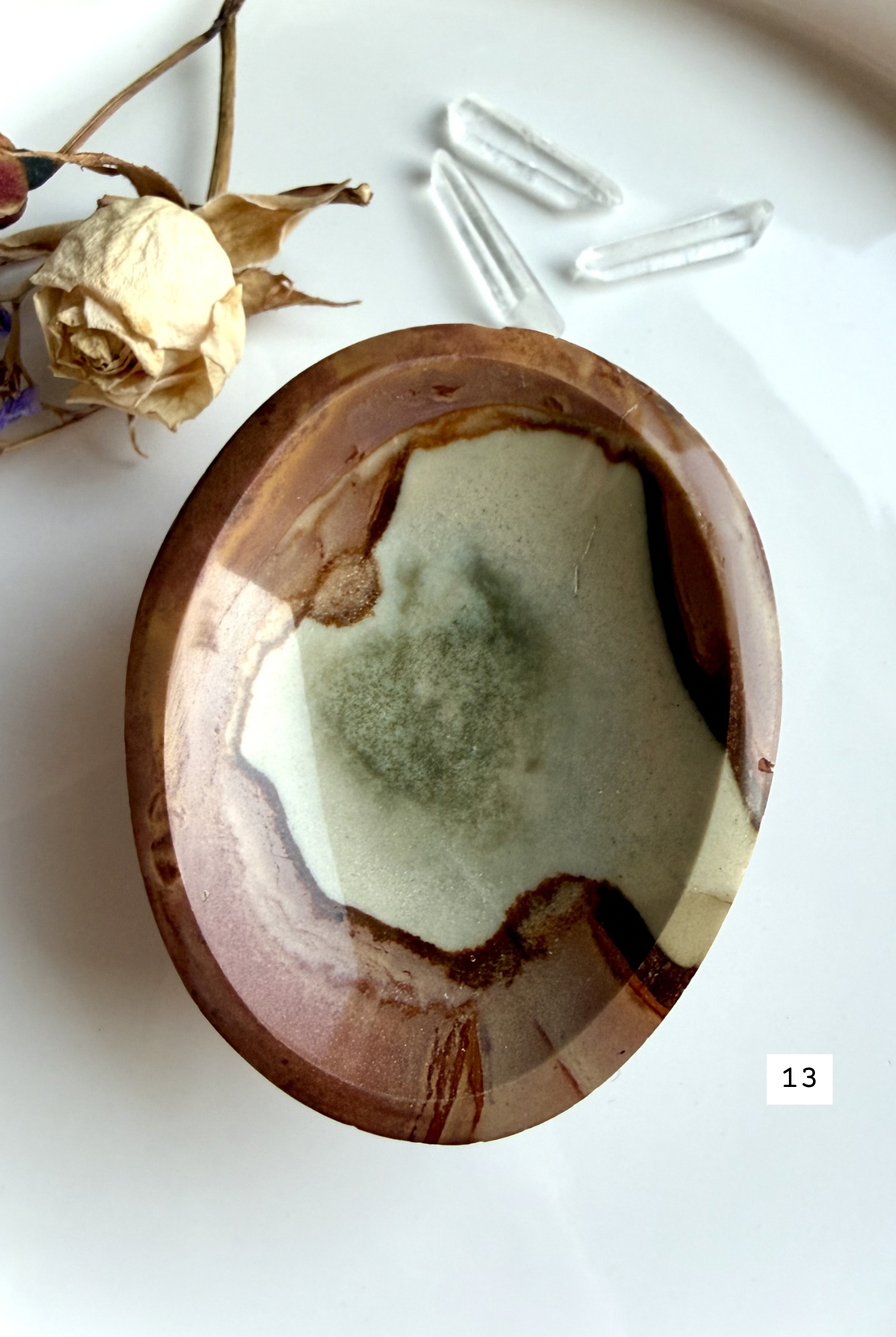 polychrome jasper bowl styled with crystals earthy stone dish for altar decor and sacred space