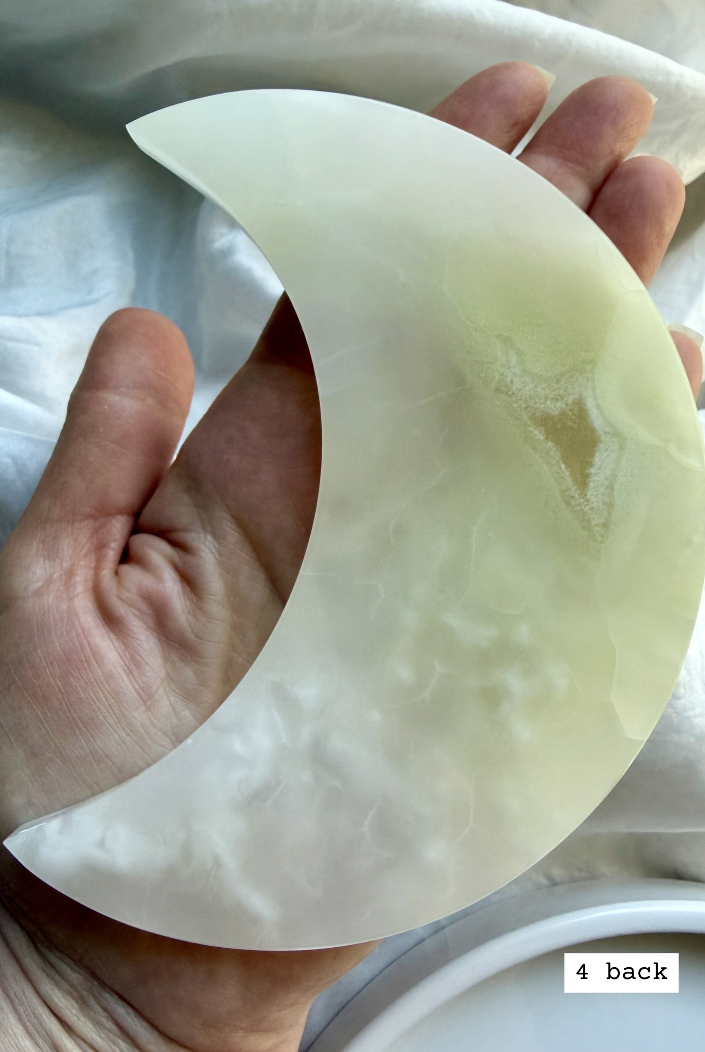 white onyx crescent moon plate # 4 back natural green toned Mexican onyx with cloudy translucence