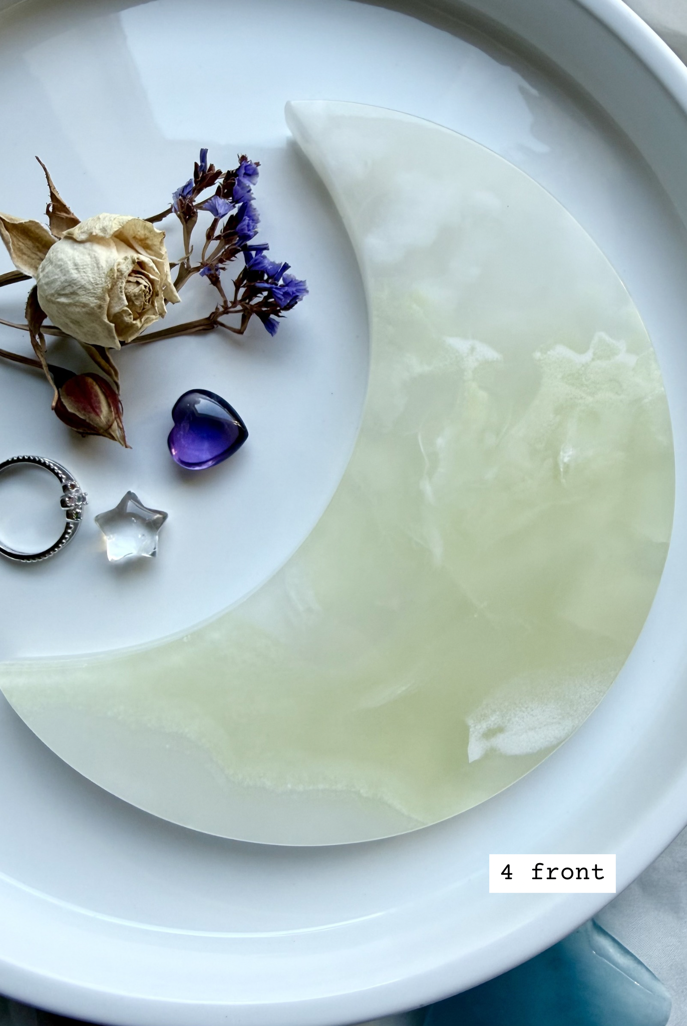 white onyx crescent moon plate # 4 front Mexican onyx crystal moon with soft green and white banding