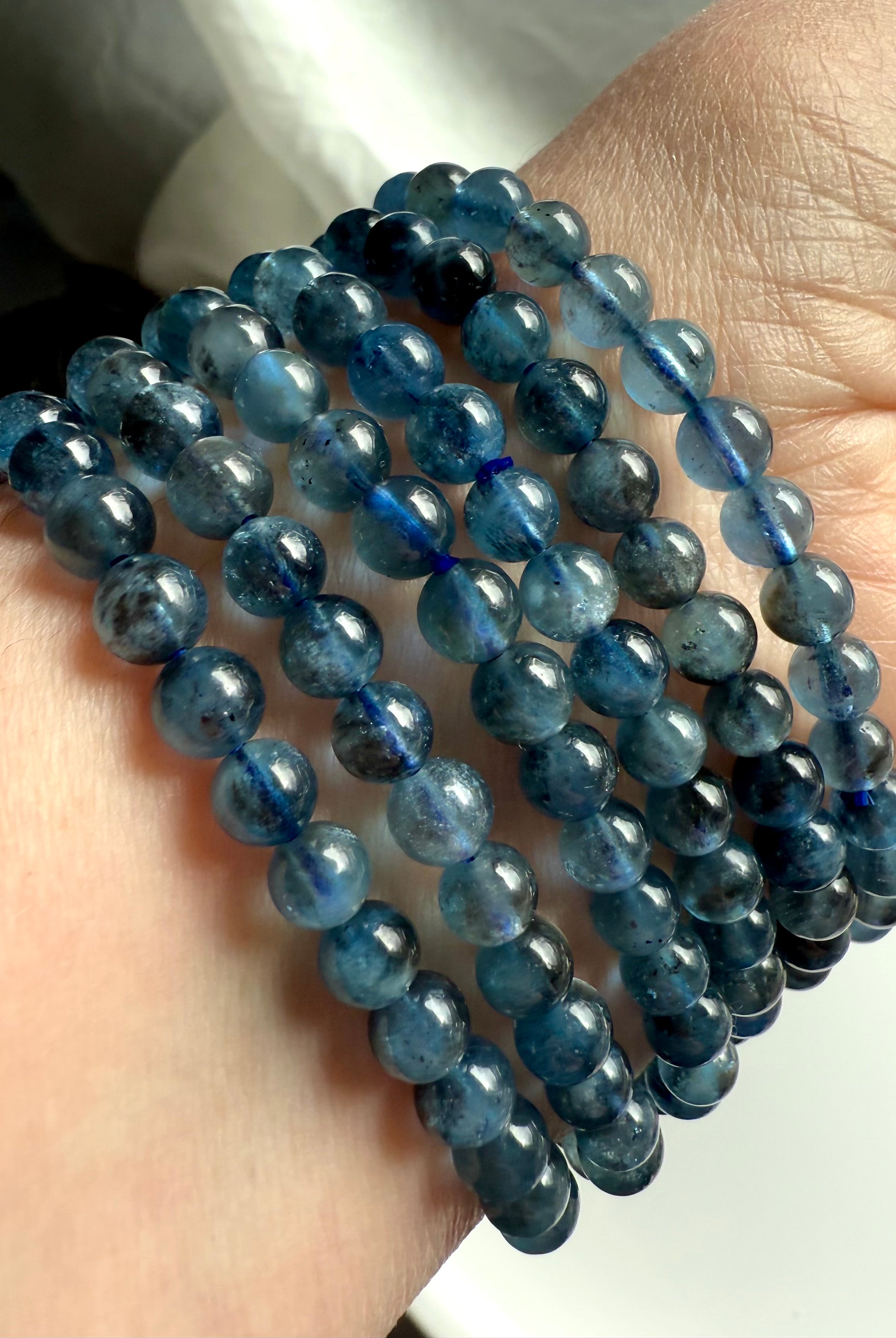 Devil Aquamarine Bracelet with Black Tourmaline Inclusions – Deep Blue Aquamarine Crystal Bracelets with Cat’s Eye Shimmer