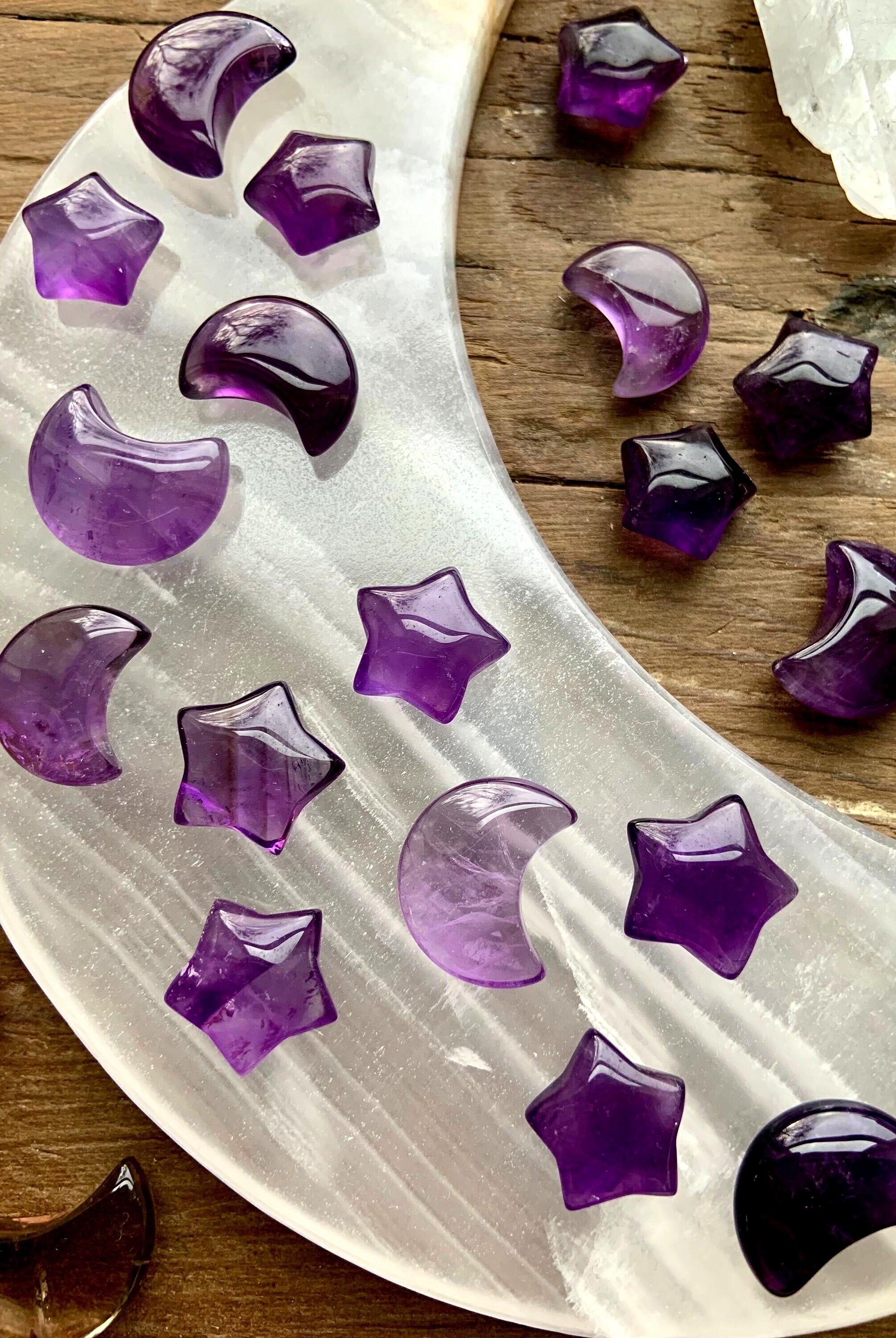 Purple Amethyst Moon + Stars bring peace, sparking spiritual growth + enhancing your intuitive gifts