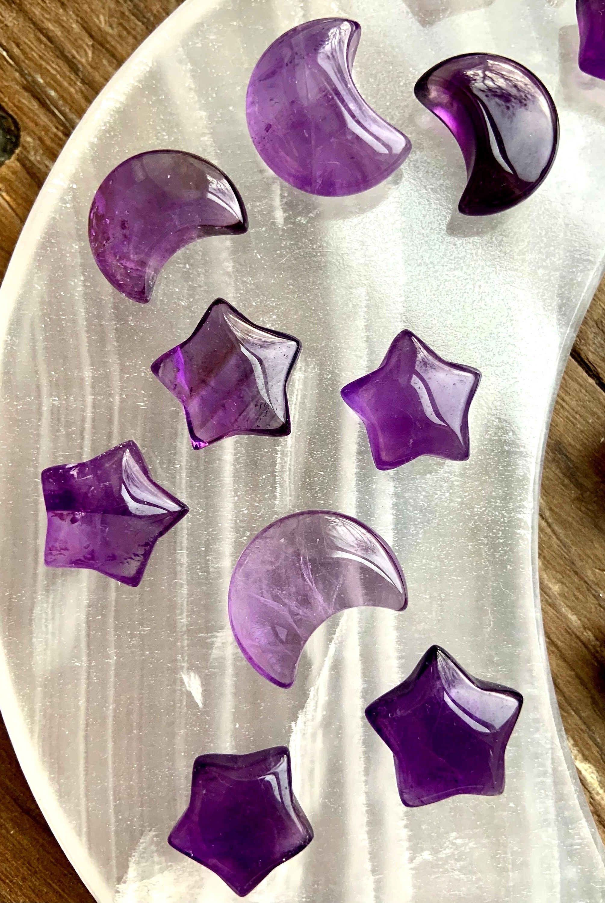 Mini sized purple amethyst crystal moons and stars for crystal gridding, jewelry + crystal crafts
