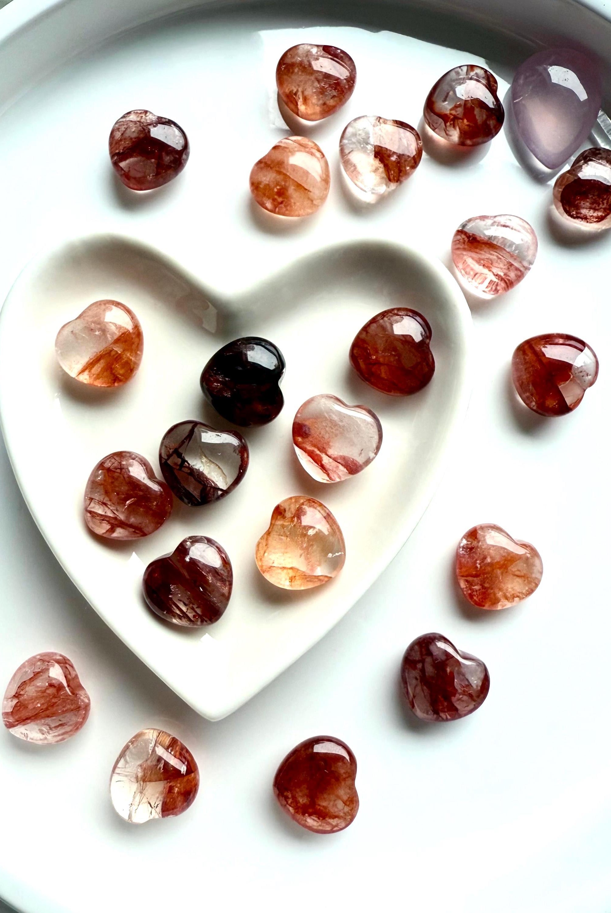 Gemmy, high quality Mini Fire Quartz Crystal Hearts shown in a white heart bowl