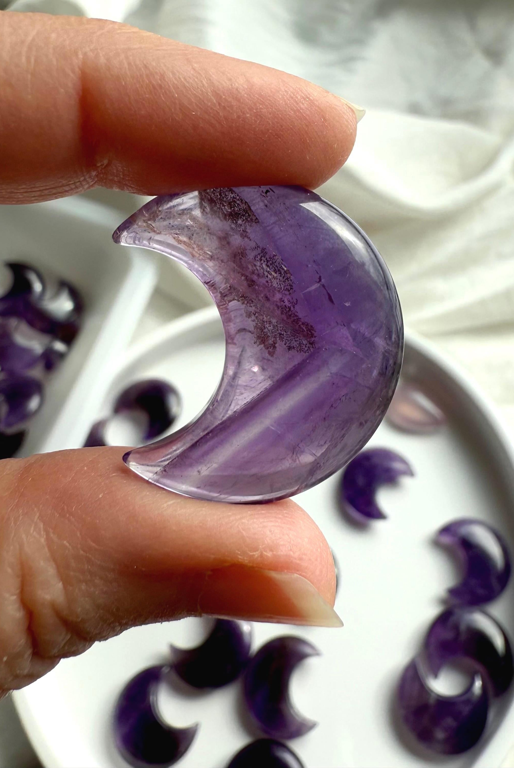 A closeup view of a dream amethyst moon with beautiful phantom lines