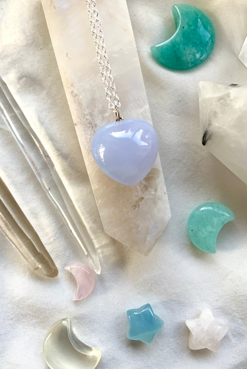 BLUE CHALCEDONY Heart Pendant with 925 Sterling Silver Chain