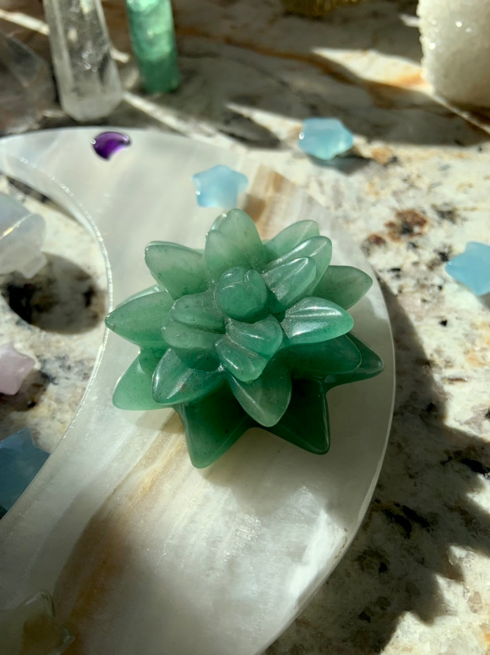 Green Aventurine succulent displayed on a black onyx moon plate with Aquamarine stars — a beautiful crystal for heart chakra alignment & joy.
