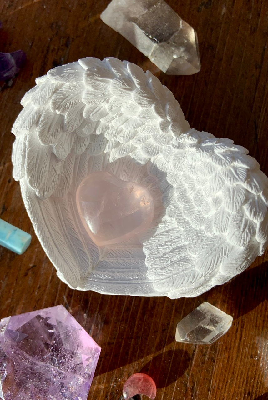 white angel wing heart bowl made from compressed selenite powder