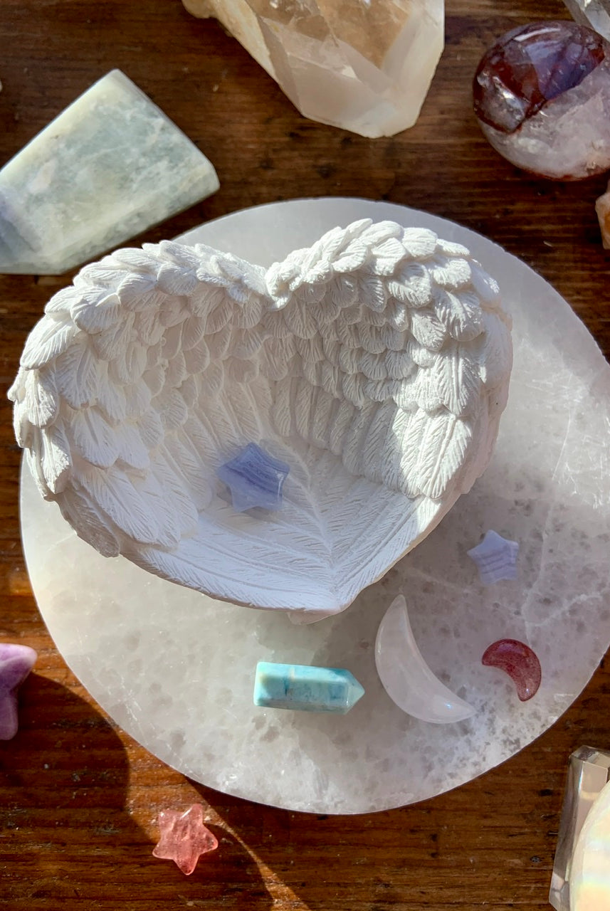 SELENITE ANGEL WING BOWL, Selenite Wing Bowl, Selenite Heart Bowl, Crystal Offering Bowl