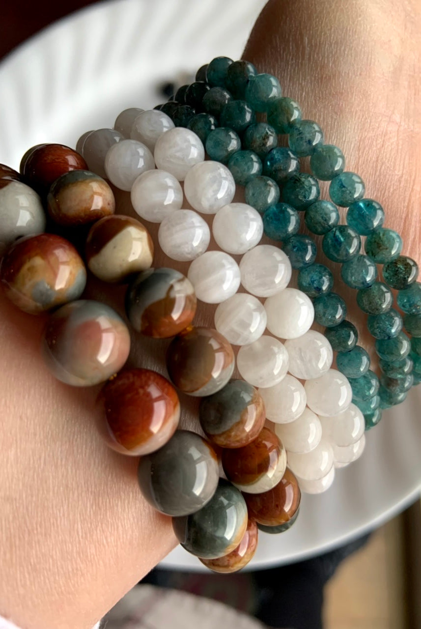 Polychrome Jasper bracelets look beautiful worn in a stack with other crystal bead bracelets
