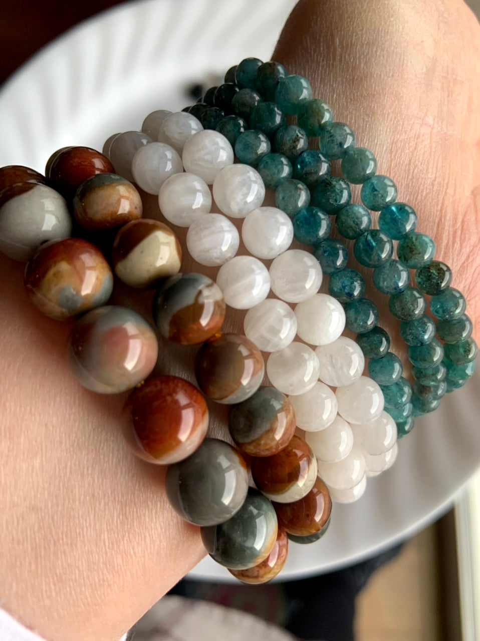Polychrome Jasper bracelets look beautiful worn in a stack with other crystal bead bracelets