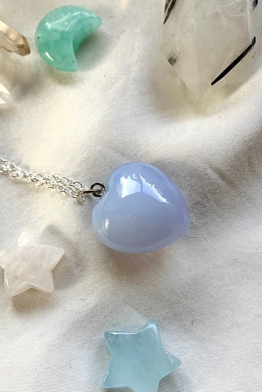 BLUE CHALCEDONY Heart Pendant with 925 Sterling Silver Chain