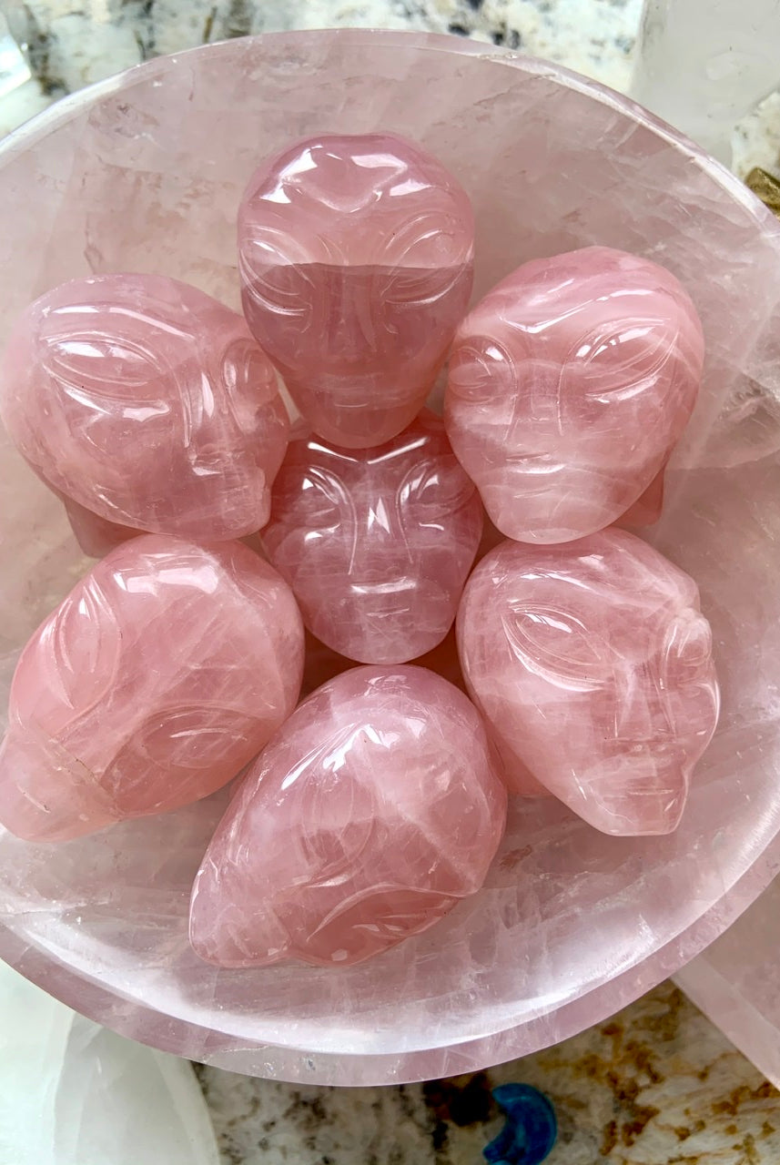 Group of Rose Quartz alien head carvings in matching crystal bowl – metaphysical crystal art for love, healing + higher realms
