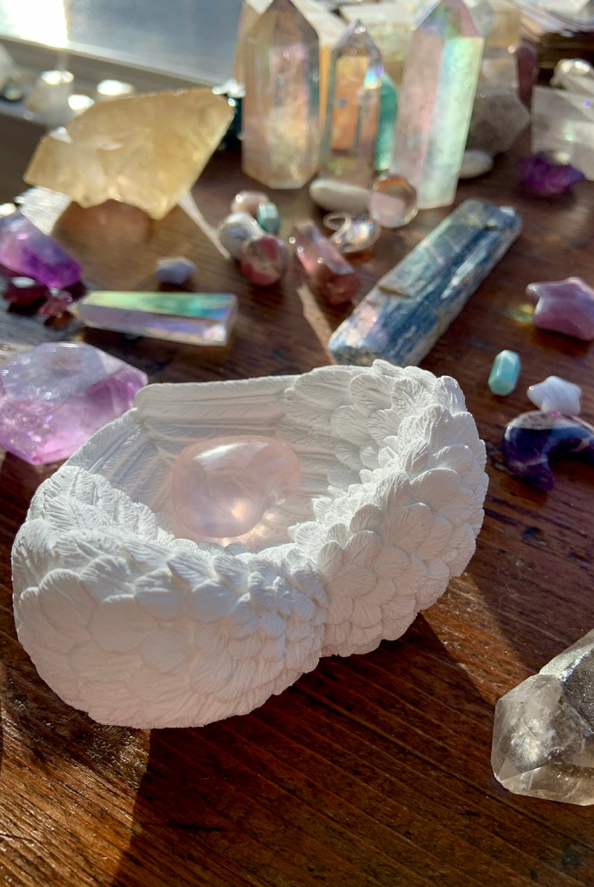 SELENITE ANGEL WING BOWL, Selenite Wing Bowl, Selenite Heart Bowl, Crystal Offering Bowl