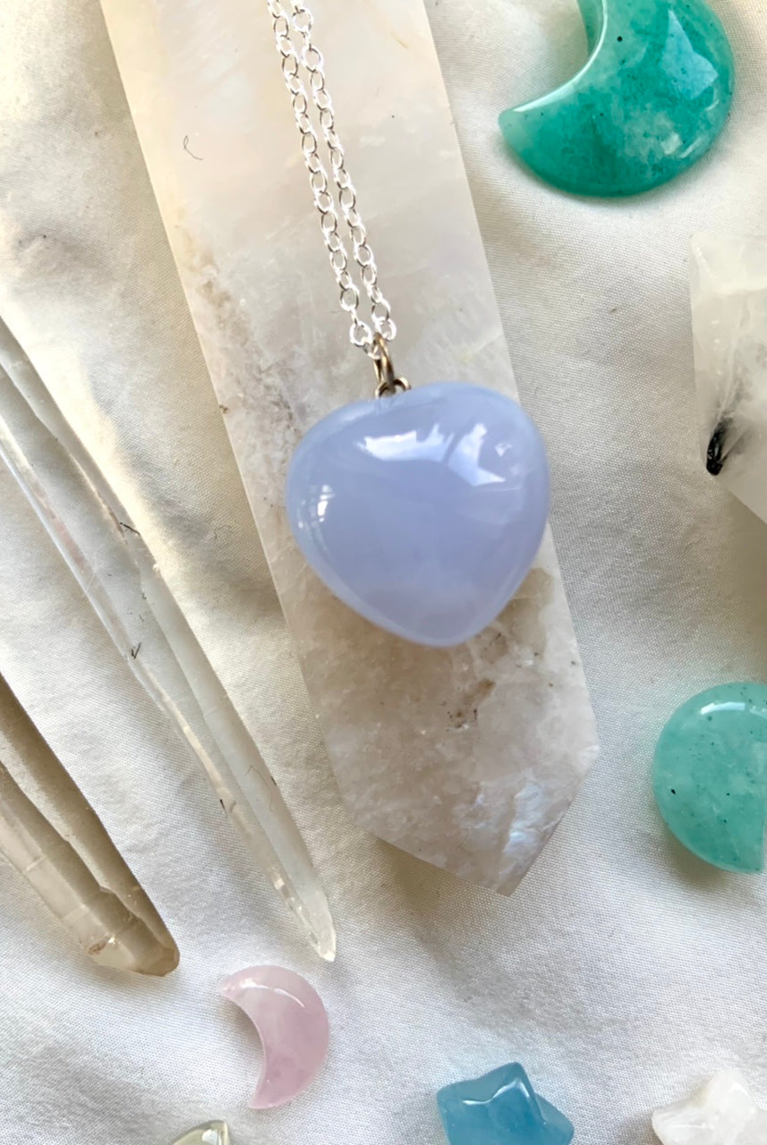 BLUE CHALCEDONY Heart Pendant with 925 Sterling Silver Chain