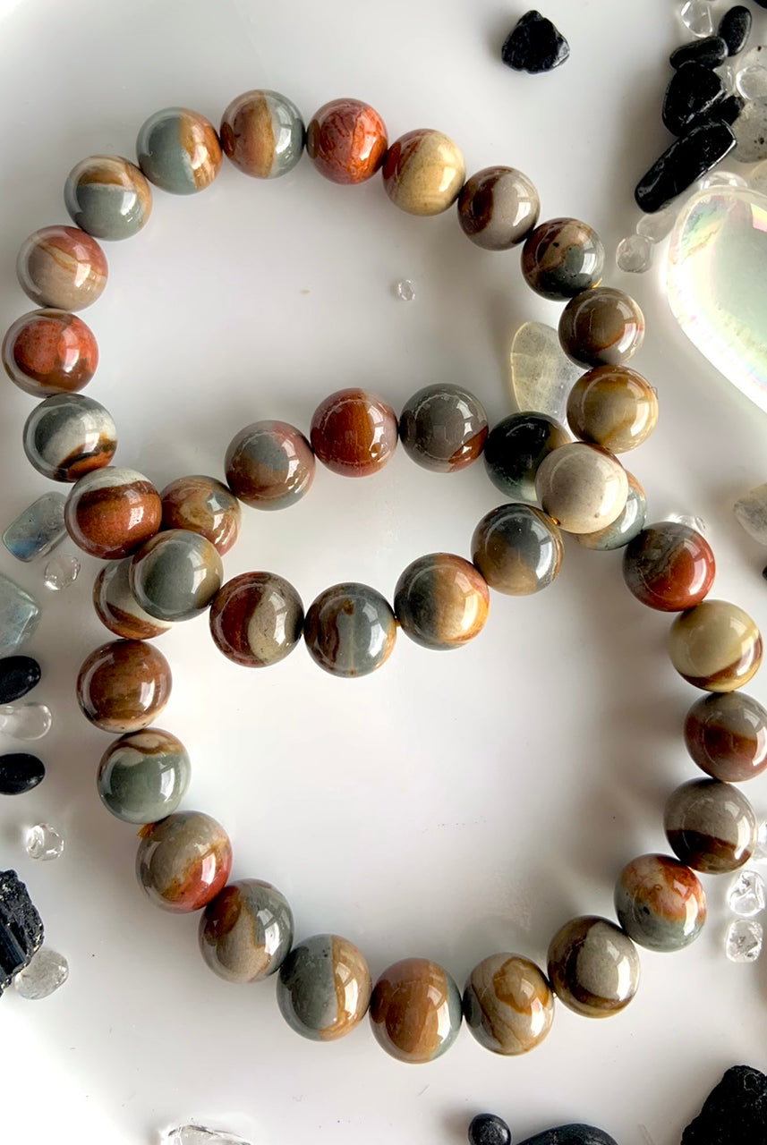 Our Polychrome Jasper bracelets are available in different bead sizes to suit your needs