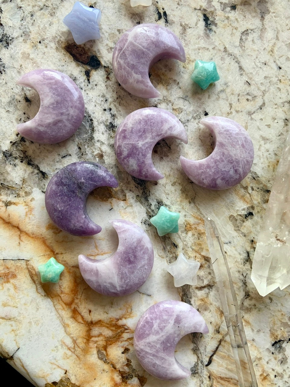 lilac lepidolite moon and star with other crystals – celestial stones for healing and ritual sets