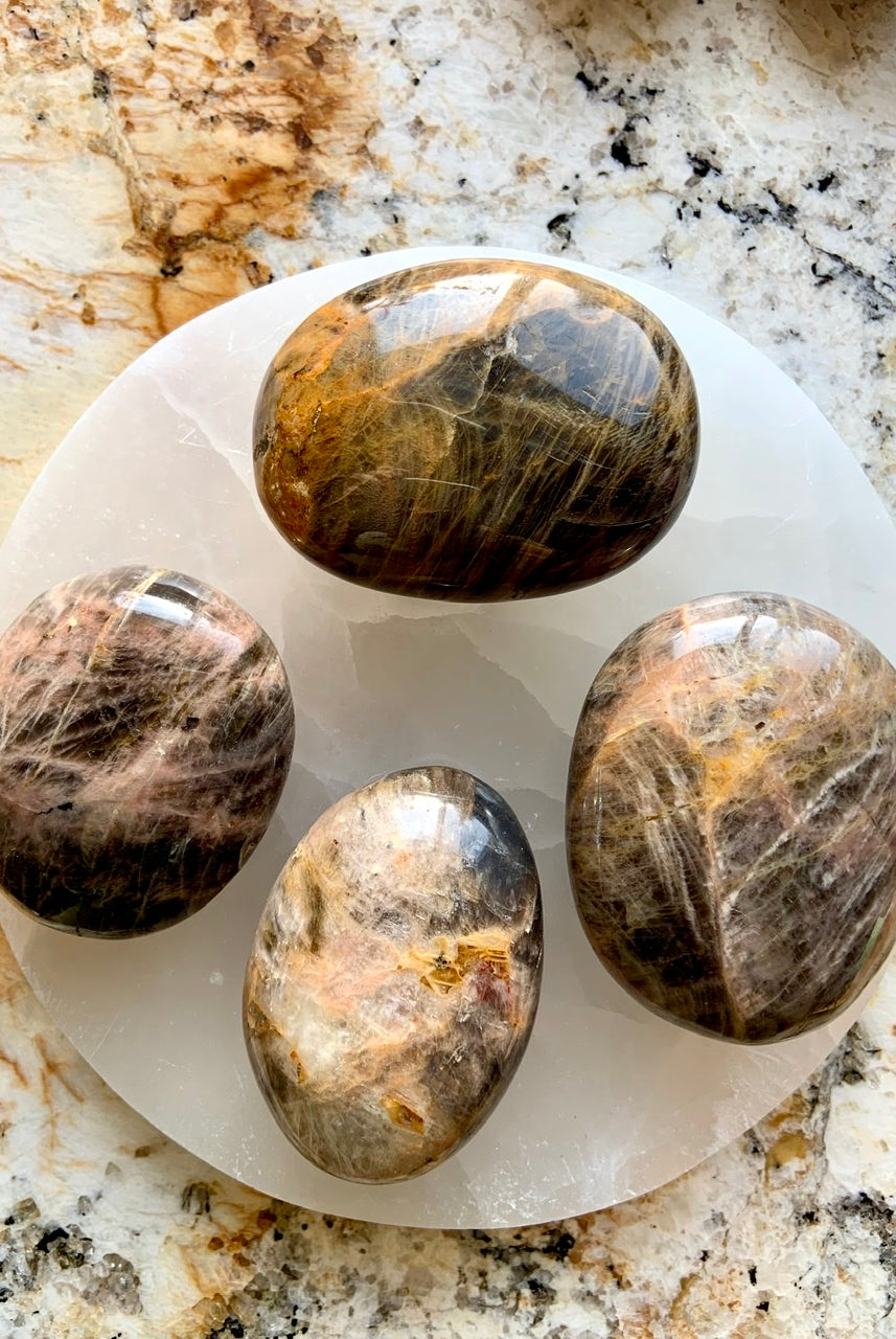 Black Moonstone Palm Stone with Opalescent Flash - Root and Crown Chakra crystals for new beginnings