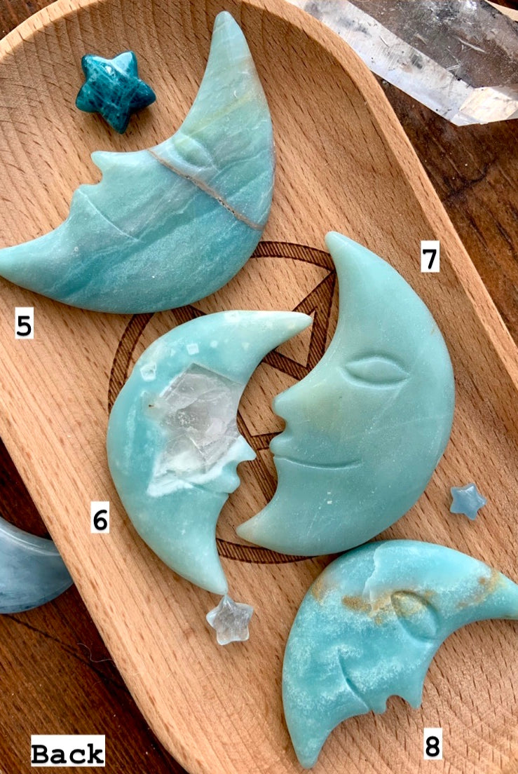 AMAZONITE MOON, Hand Carved Crescent Moon Face, Crystal Moons by Wild Mountain Crystals in Mt Shasta
