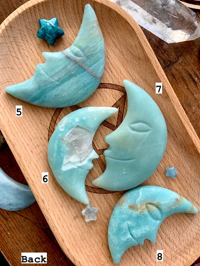 AMAZONITE MOON, Hand Carved Crescent Moon Face, Crystal Moons by Wild Mountain Crystals in Mt Shasta