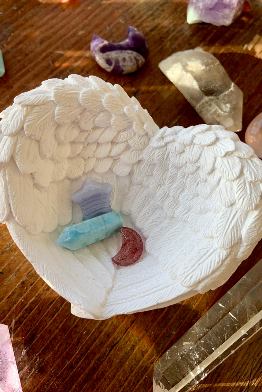 SELENITE ANGEL WING BOWL, Selenite Wing Bowl, Selenite Heart Bowl, Crystal Offering Bowl