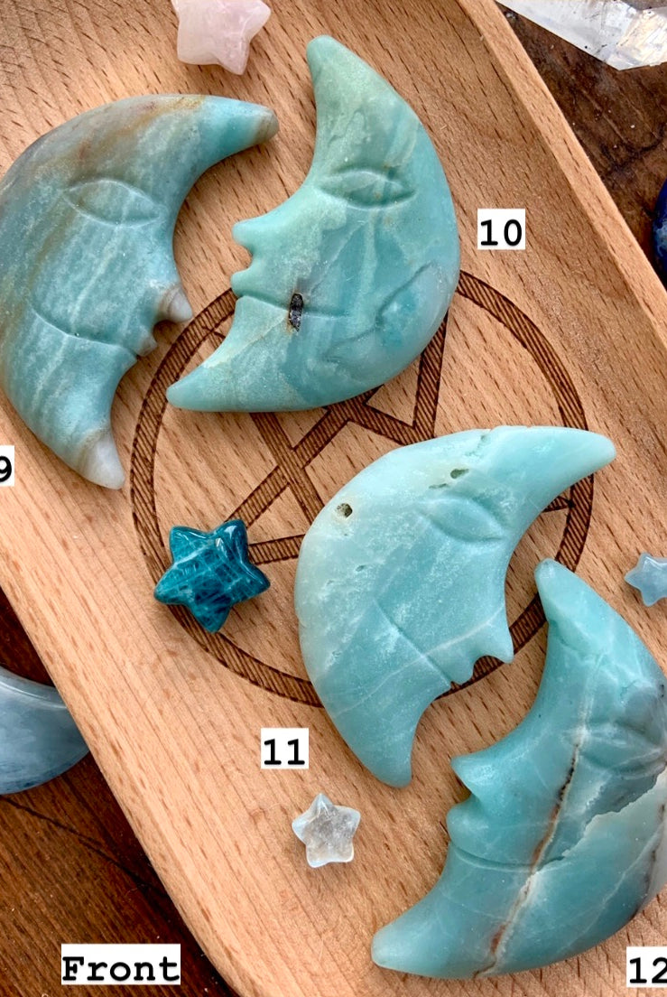 AMAZONITE MOON, Hand Carved Crescent Moon Face, Crystal Moons by Wild Mountain Crystals in Mt Shasta