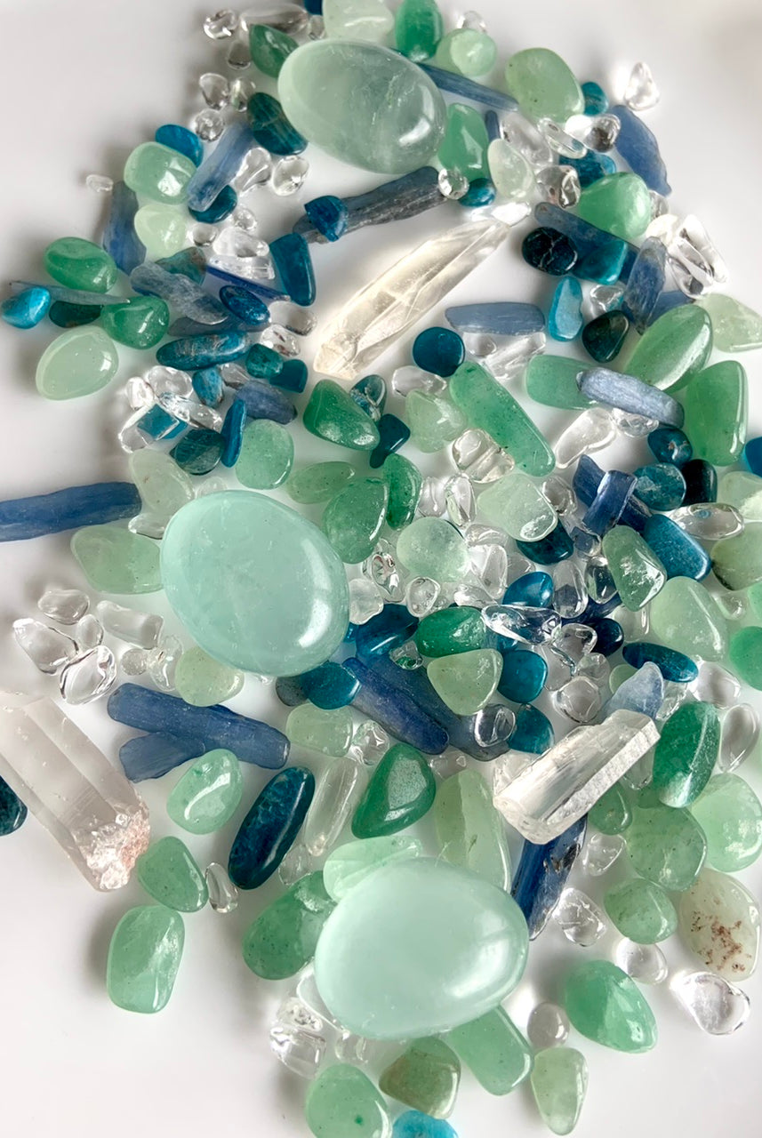 Blue-Green Crystal Confetti mix with kyanite, clear quartz, blue apatite, green aventurine, fluorite tumbles + quartz crystal sticks
