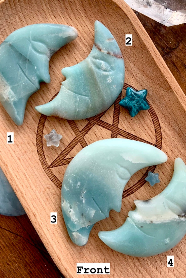 AMAZONITE MOON, Hand Carved Crescent Moon Face, Crystal Moons by Wild Mountain Crystals in Mt Shasta